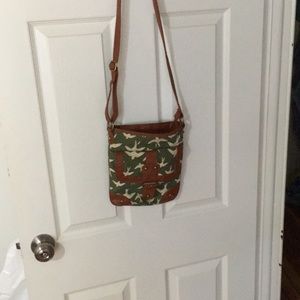 Green patterned canvas and leather cross body bag